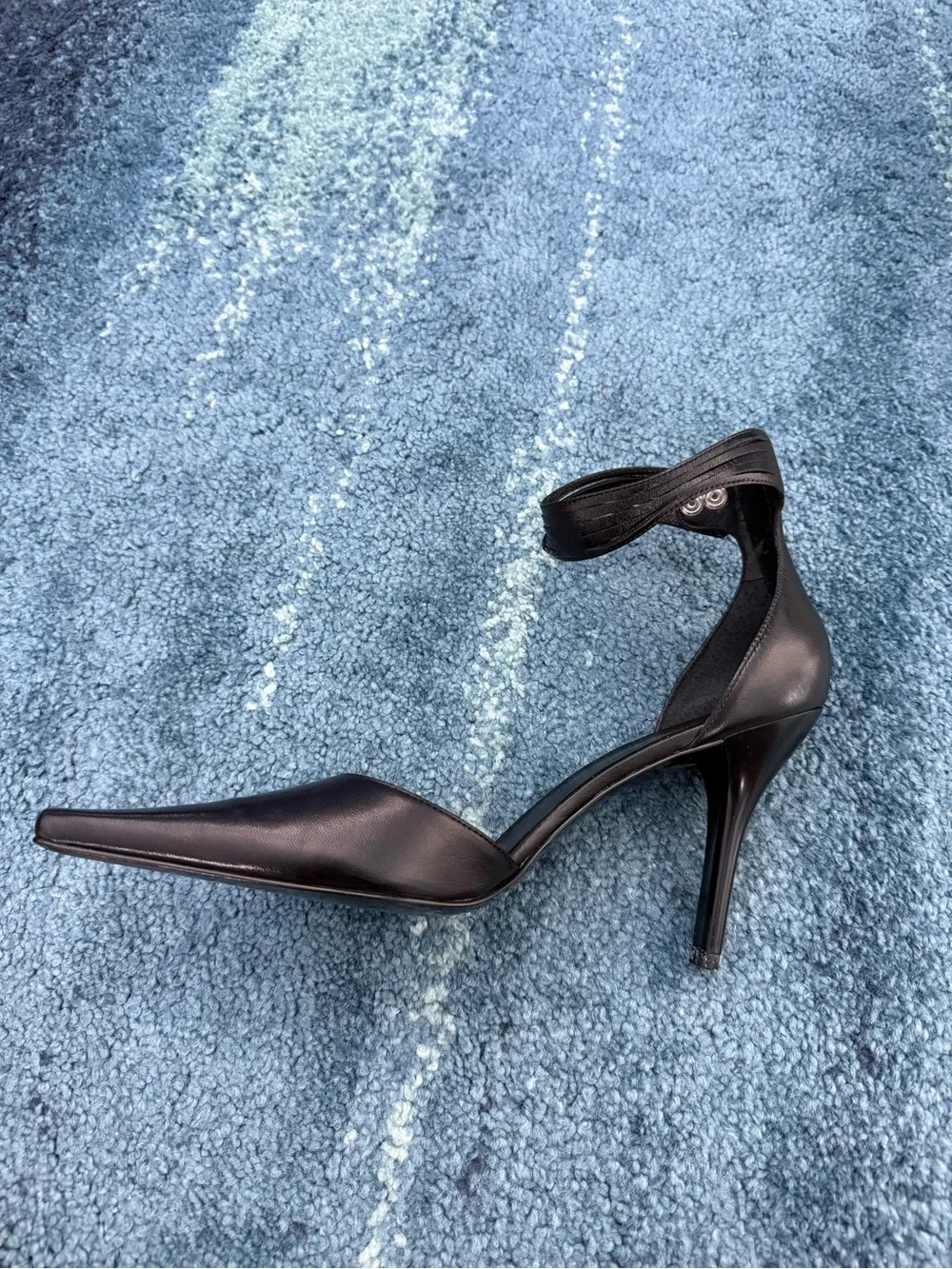 BCBG Black Pointed Ankle-Strap Stiletto Heels with Slim Heel